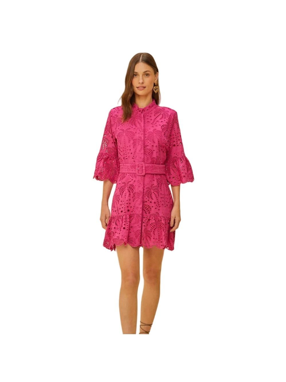 FARM Rio Pink Palm Eyelet Lace Boho Mini Dress - Picture 2 of 11